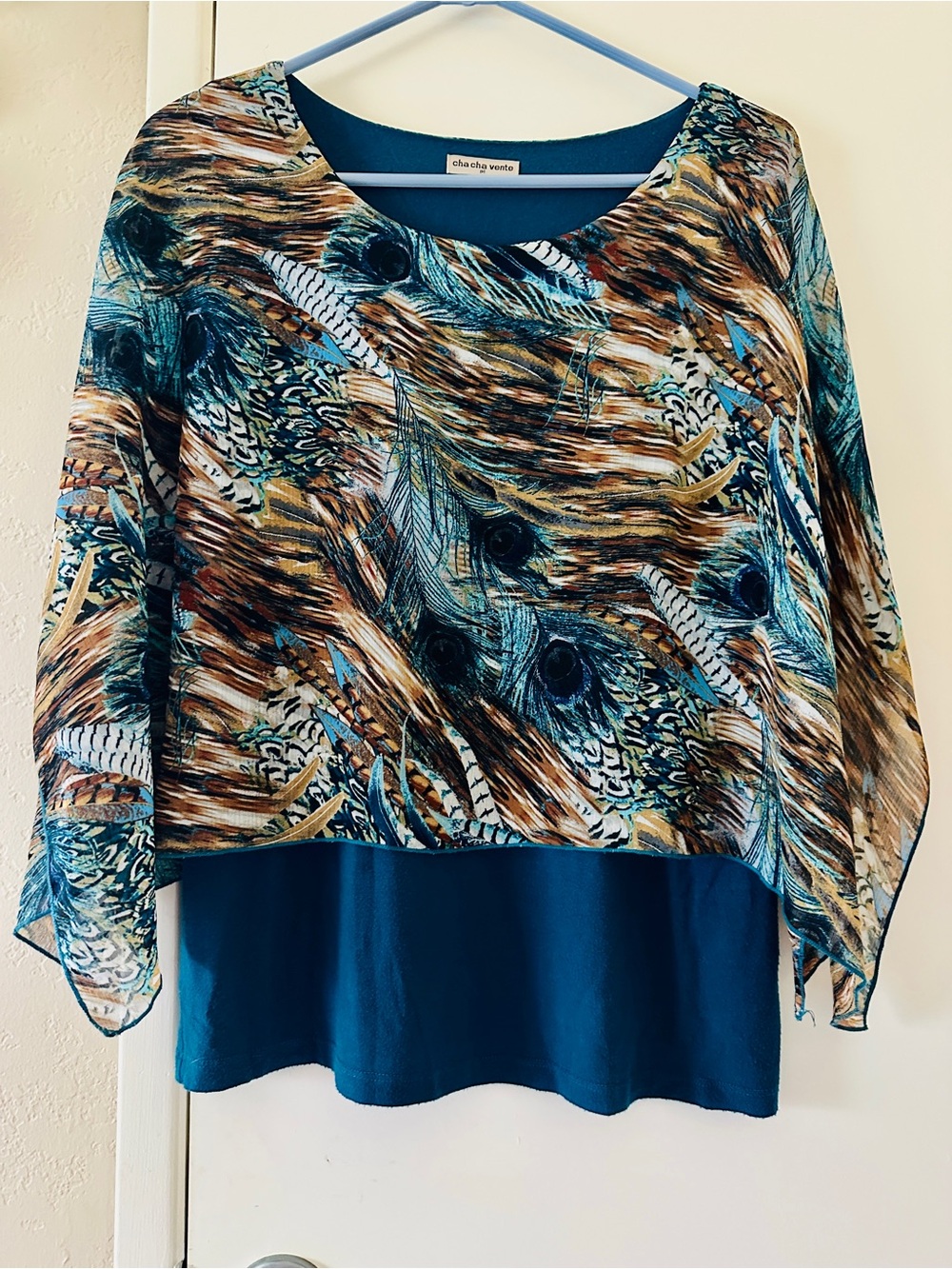 cha cha vente Peacock-Print Scarf Layered Tunic- PL- Teal & Brown